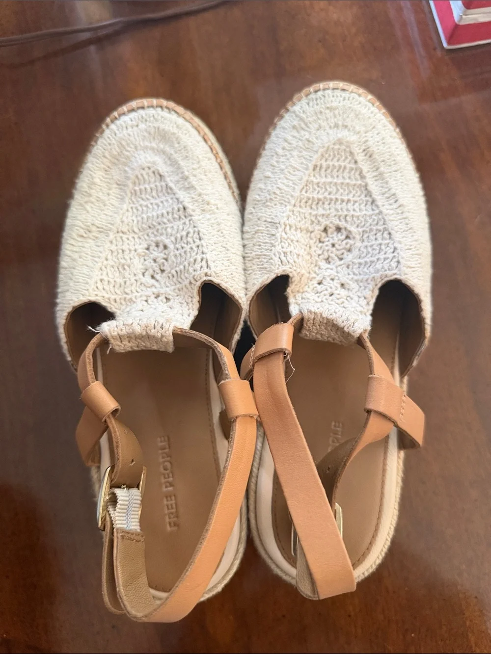 Free People Cream Crochet Espadrille Platform Sandals with Tan Trim